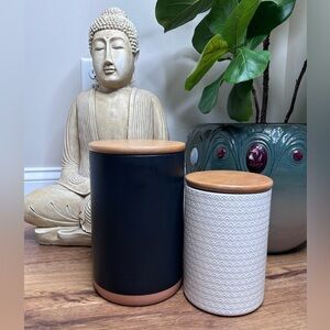 Set of 2 Threshold ceramic canisters, black & white with wooden lids